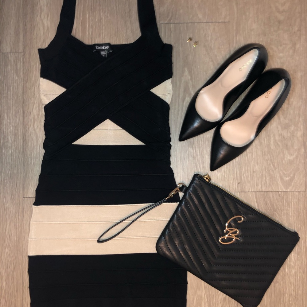 Bebe Black and Tan Bandage Dress